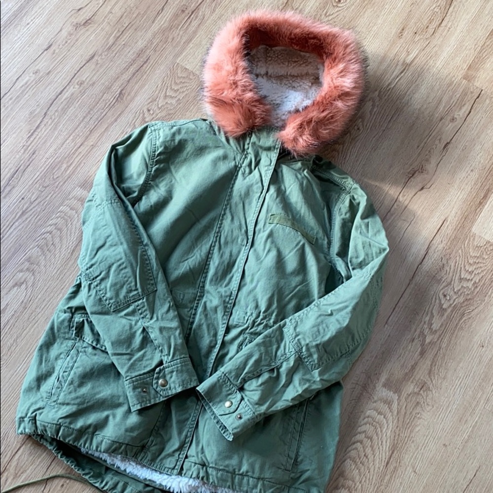 Army Green Sherpa Lined Jacket with Pink Hood